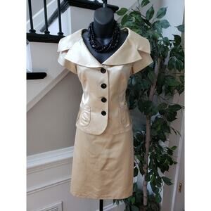Rickie Freeman Teri Jon 2 Piece Skirt Suit Women Size 4 Beige Lined Button Front